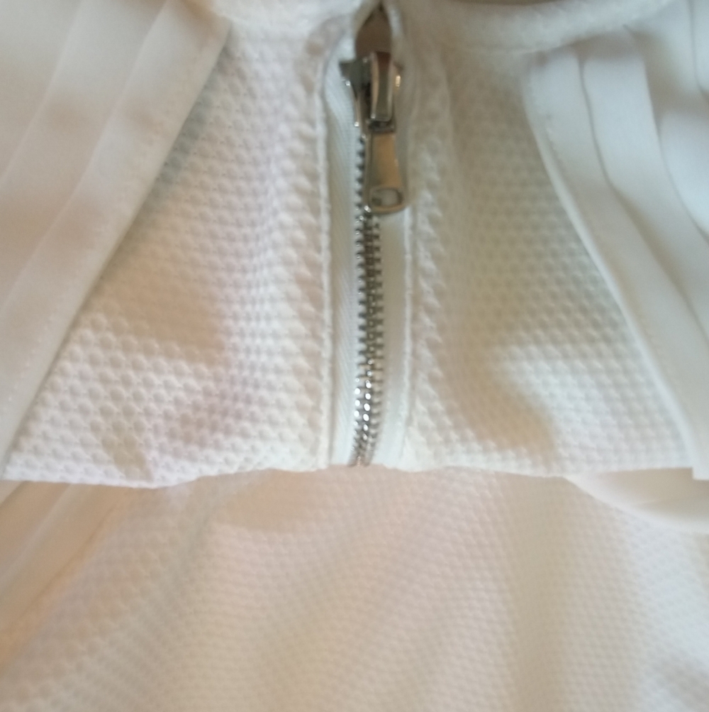 Gracia Flowy Sheath Dress With Pleated Sheer White Draped Knotted Overlay - Picture 10 of 13